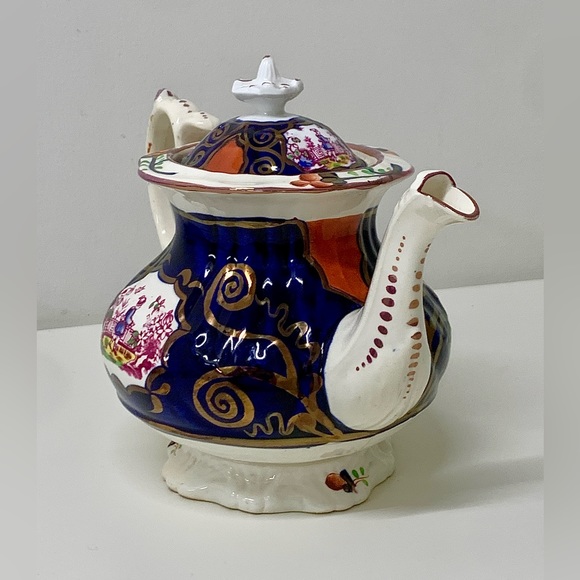 1830s Vintage Gaudy Welsh CHINOISSERIE Pattern Finial Lidded Lustre Teapot - Picture 6 of 16